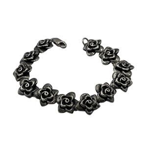 Sterling Silver Marked 925 Rose Flower Linked Feminine Oxidized bracelet 22 Gr